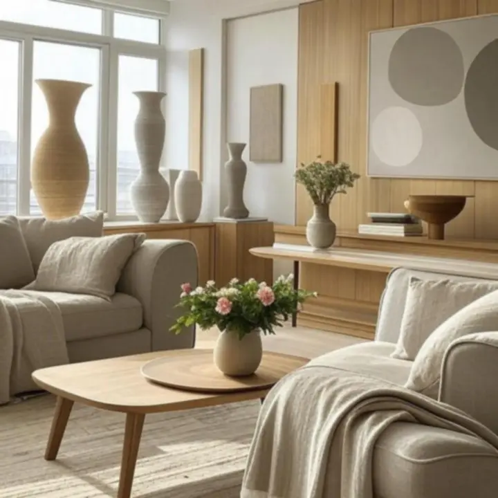 Przytulny salon z dekoracjami HomeShopPL: wazony, poduszki i dodatki w naturalnych barwach