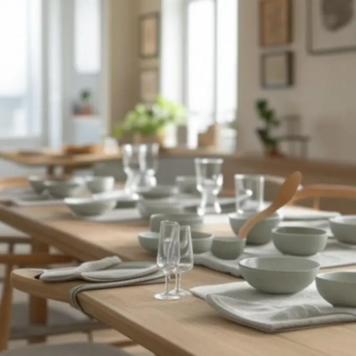 Elegancko nakryty stół z niezbędnymi akcesoriami do kuchni i jadalni w naturalnych kolorach.