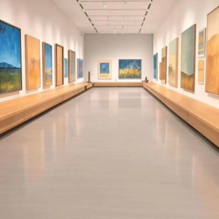 Widok galerii sklepu z elegancko wyeksponowanymi dziełami sztuki na jasnej ścianie