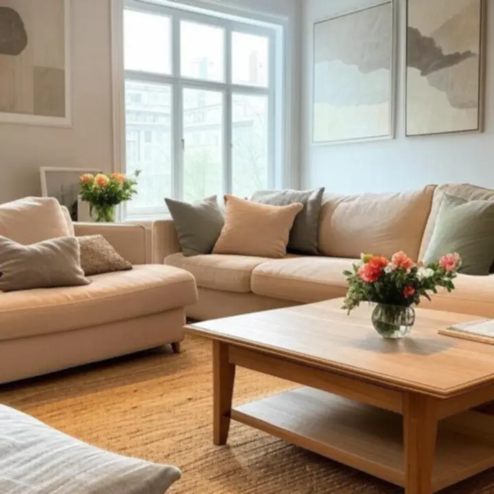 Urokliwy salon z obrazami na ścianach, naturalnymi dodatkami i miękkimi tekstyliami tworzącymi ciepłą, galeryjną atmosferę