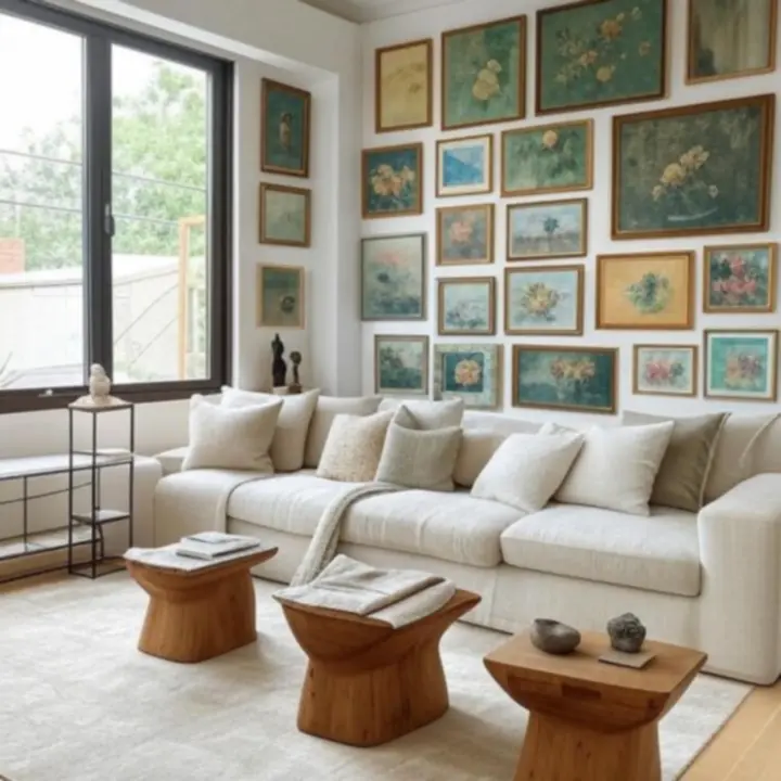 Przytulne, eleganckie wnętrze salonu z obrazami i dodatkami HomeShopPL