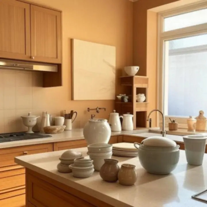 Nowoczesna, przytulna kuchnia z naturalnymi dodatkami i tekstyliami