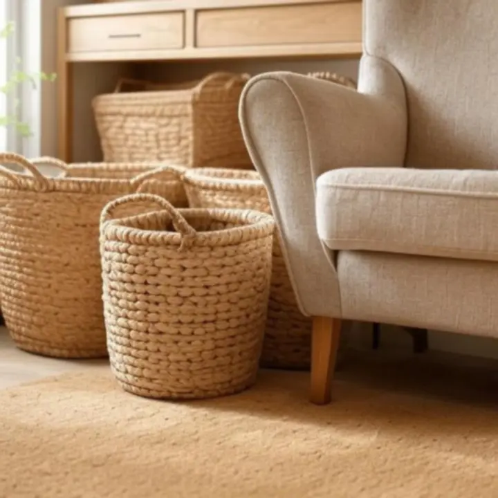 Praktyczne drewniane kosze do przechowywania ustawione na regale