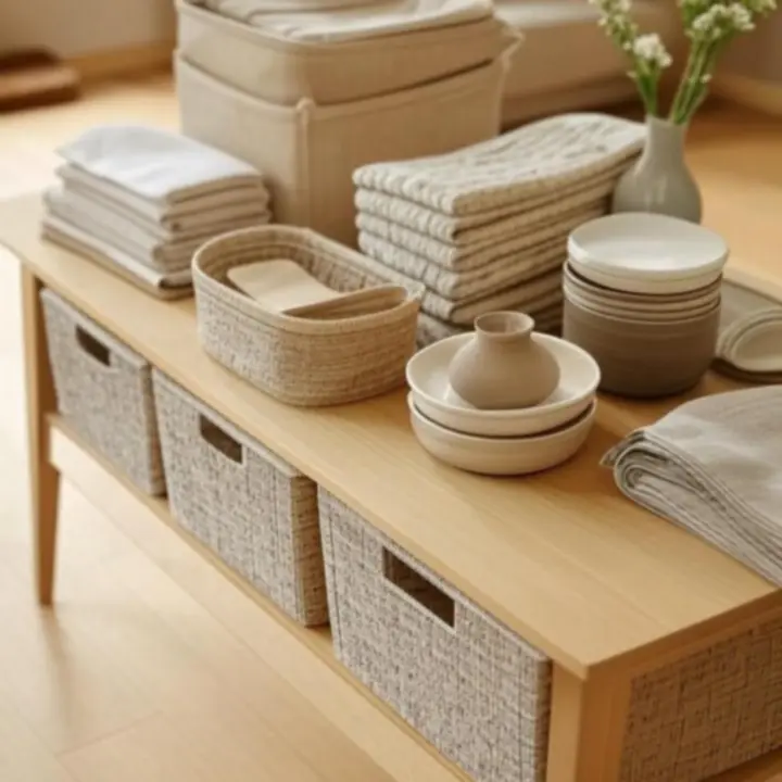 Starannie ułożone domowe akcesoria Essentials na stole w ciepłej, naturalnej aranżacji.