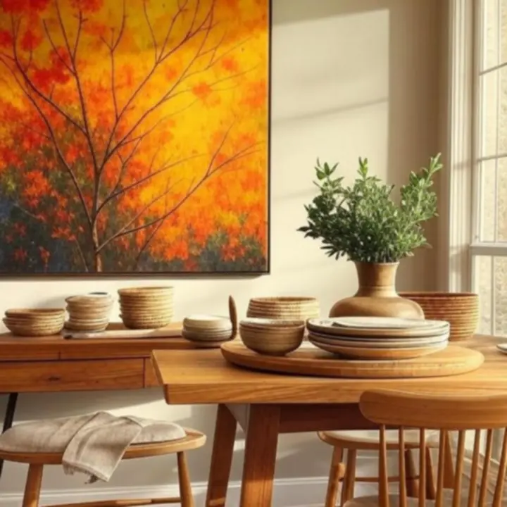 Stół z sezonowymi dodatkami dekoracyjnymi w ciepłych kolorach