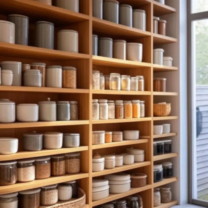 Eleganckie półki kuchenne z pojemnikami do przechowywania i dodatkami w naturalnych kolorach