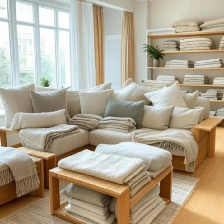 Przytulna aranżacja salonu z naturalnymi tekstyliami z oferty HomeShopPL