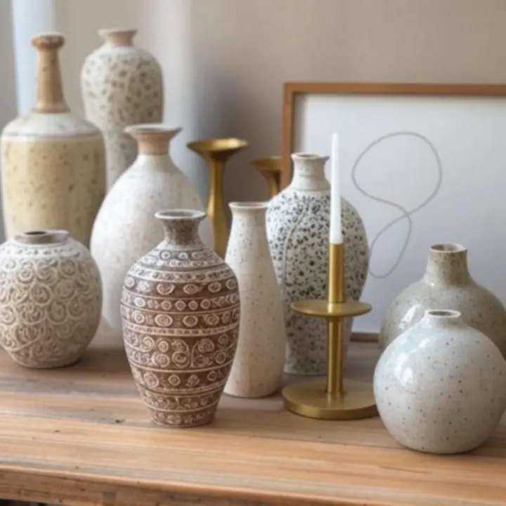 Zbliżenie na unikalne dekoracje: designerkie wazony, świece i rzeźby na drewnianej konsoli
