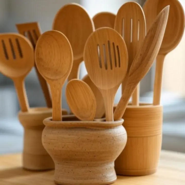 Akcesoria kuchenne z drewna i bambusa w naturalnej aranżacji