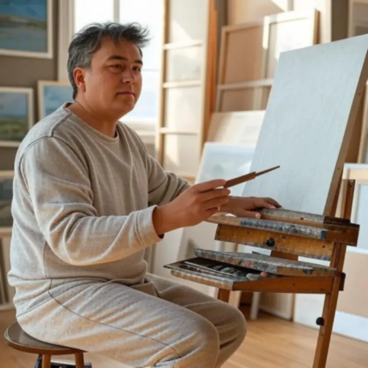 Artysta pracujący nad obrazem w jasnej pracowni